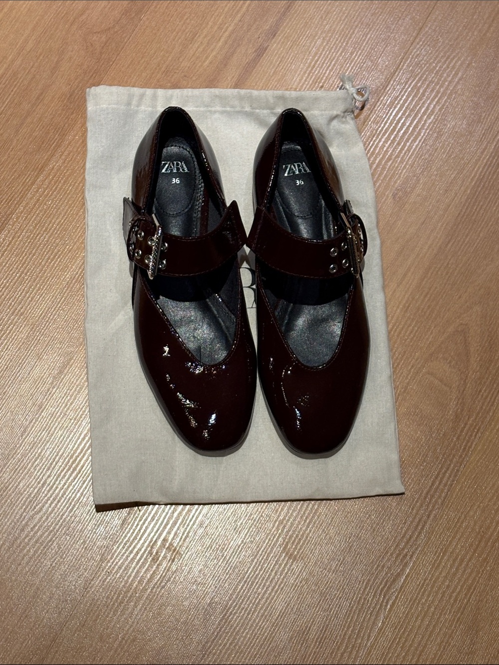 Zara Dark Cherry Patent Mary Jane Flats with Buckle Strap